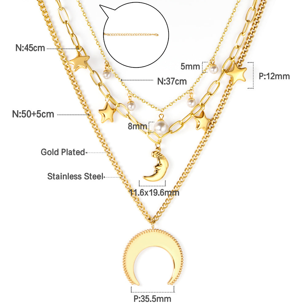 Moon+Star+Pearl Pendant Triple Chain 50+45+37+5cm Golden asonjewelry