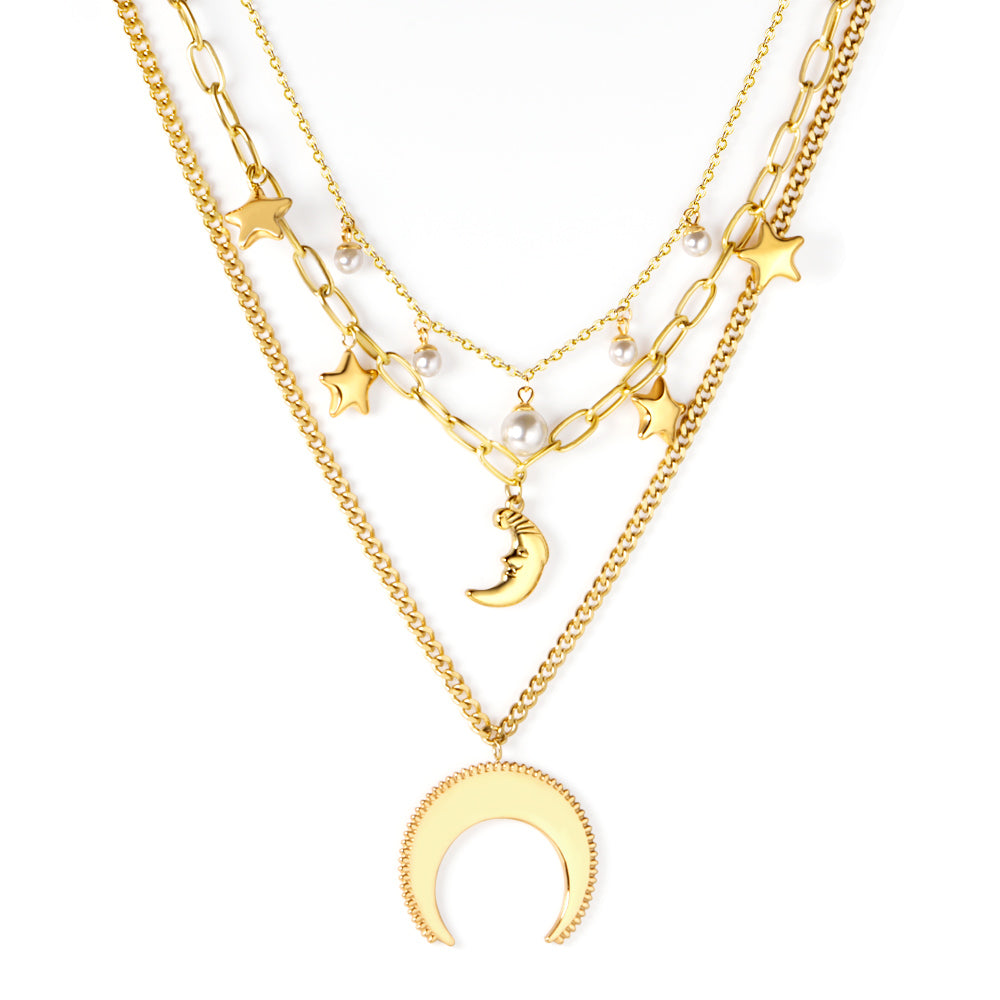 Moon+Star+Pearl Pendant Triple Chain 50+45+37+5cm Golden asonjewelry