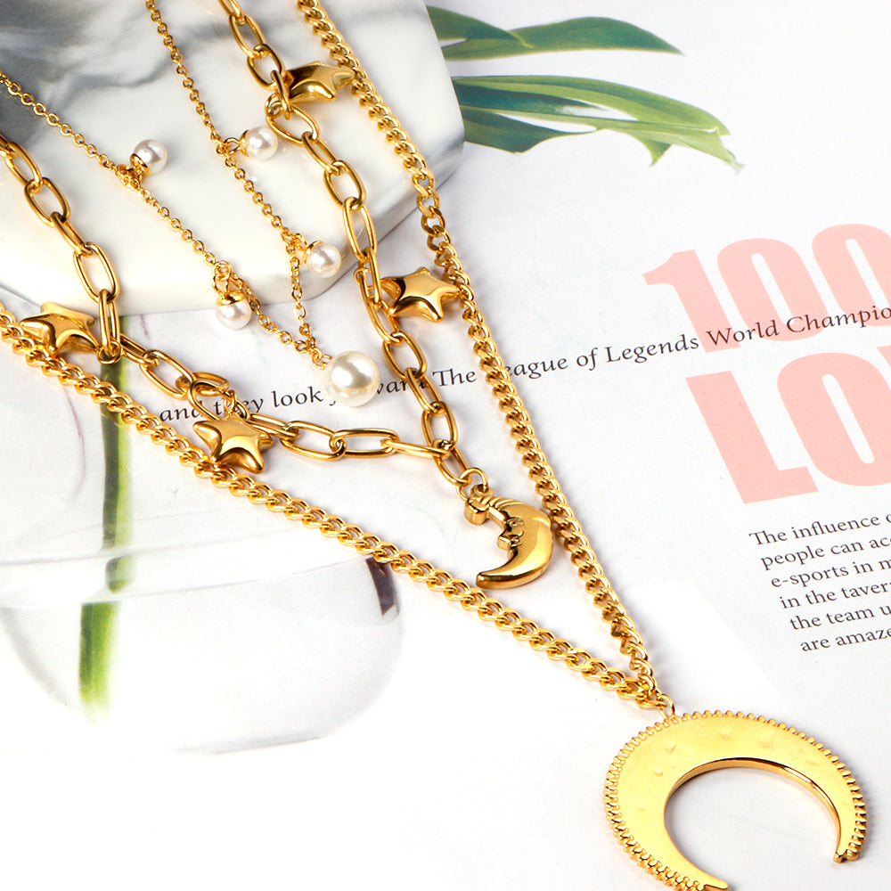 Moon+Star+Pearl Pendant Triple Chain 50+45+37+5cm Golden asonjewelry