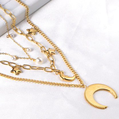 Moon+Star+Pearl Pendant Triple Chain 50+45+37+5cm Golden asonjewelry