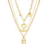 Lock + heart + pearl pendant three chains 48+43+40+5cm gold color