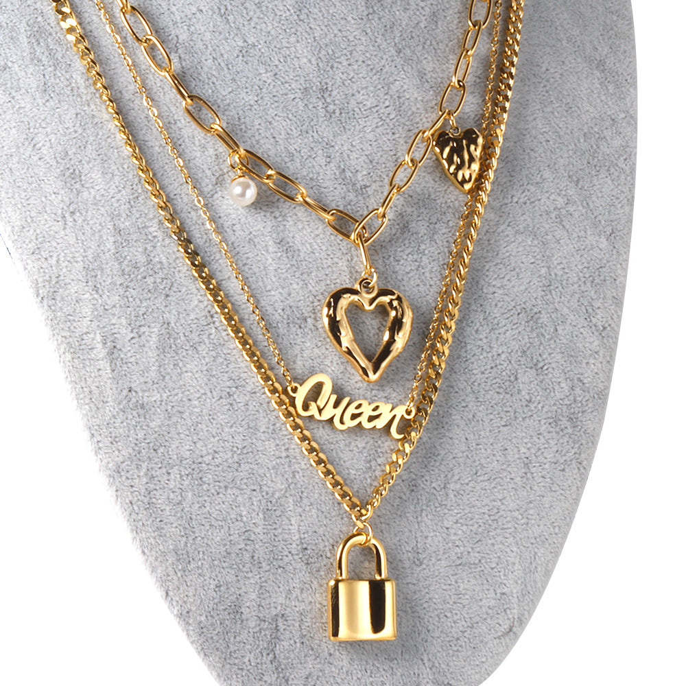 Lock + heart + pearl pendant three chains 48+43+40+5cm gold color asonjewelry