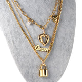 Lock + heart + pearl pendant three chains 48+43+40+5cm gold color