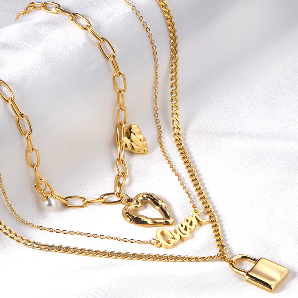 Lock + heart + pearl pendant three chains 48+43+40+5cm gold color asonjewelry