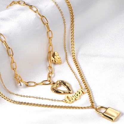 Lock + heart + pearl pendant three chains 48+43+40+5cm gold color asonjewelry