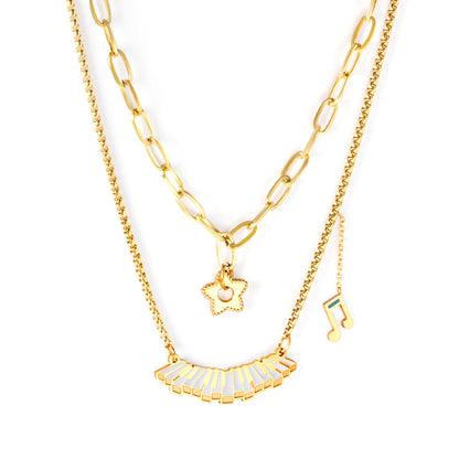 Piano+Note+Star+Pendant+with+mixed+diamonds+double+chain 45+40+5cm Gold asonjewelry