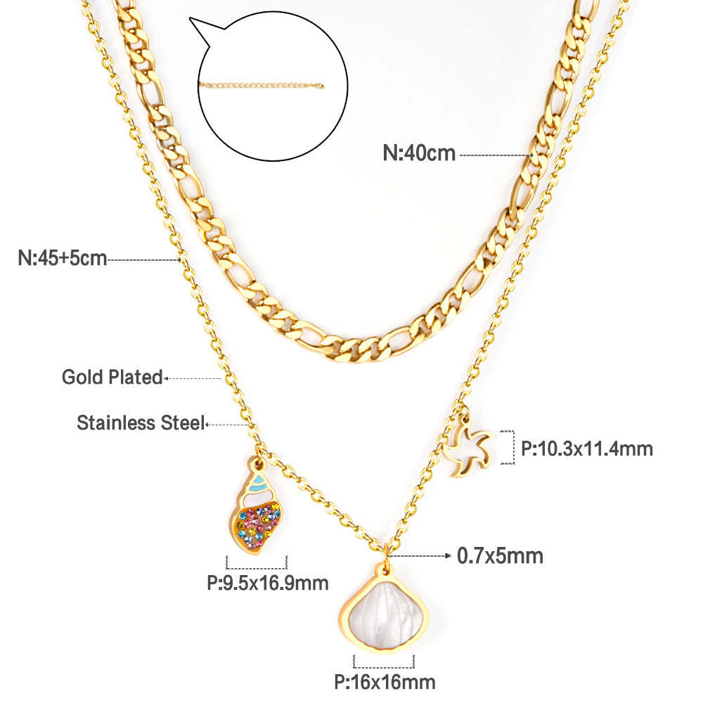 Shell + Conch + Star Pendant + Matching Chain Double Chain 45+40+5cm Golden asonjewelry