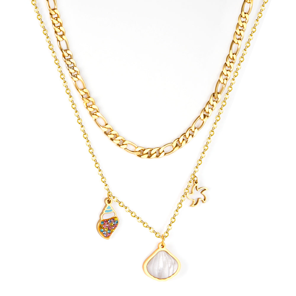 Shell + Conch + Star Pendant + Matching Chain Double Chain 45+40+5cm Golden asonjewelry