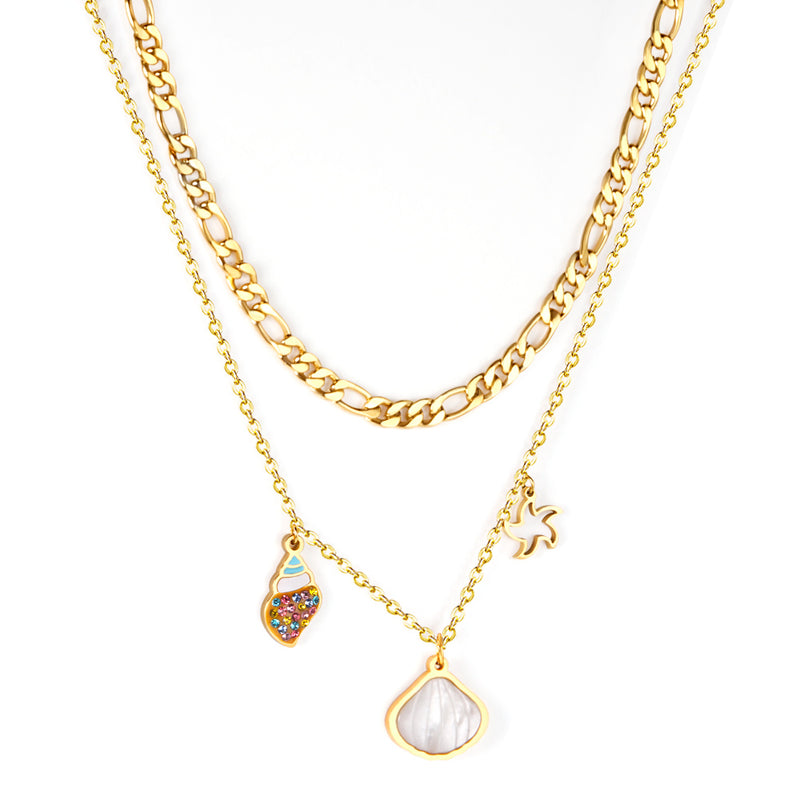 Shell + Conch + Star Pendant + Matching Chain Double Chain 45+40+5cm Golden