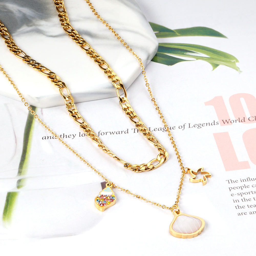Shell + Conch + Star Pendant + Matching Chain Double Chain 45+40+5cm Golden asonjewelry