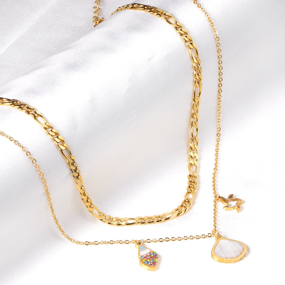 Shell + Conch + Star Pendant + Matching Chain Double Chain 45+40+5cm Golden asonjewelry