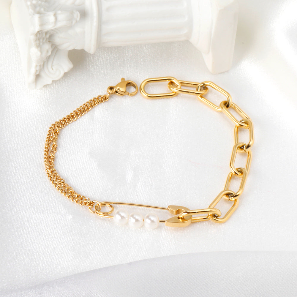 Button Pin & Pearl Accessory Bracelet 19cm Gold asonjewelry