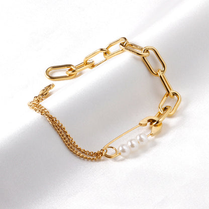 Button Pin & Pearl Accessory Bracelet 19cm Gold asonjewelry