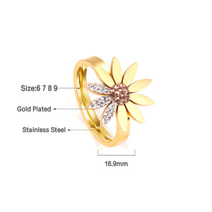 A large chrysanthemum with three leaves set with diamonds ring