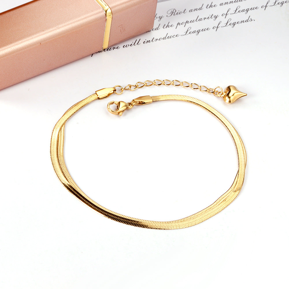 Flat snake double anklet 22+5cm gold color steel color asonjewelry