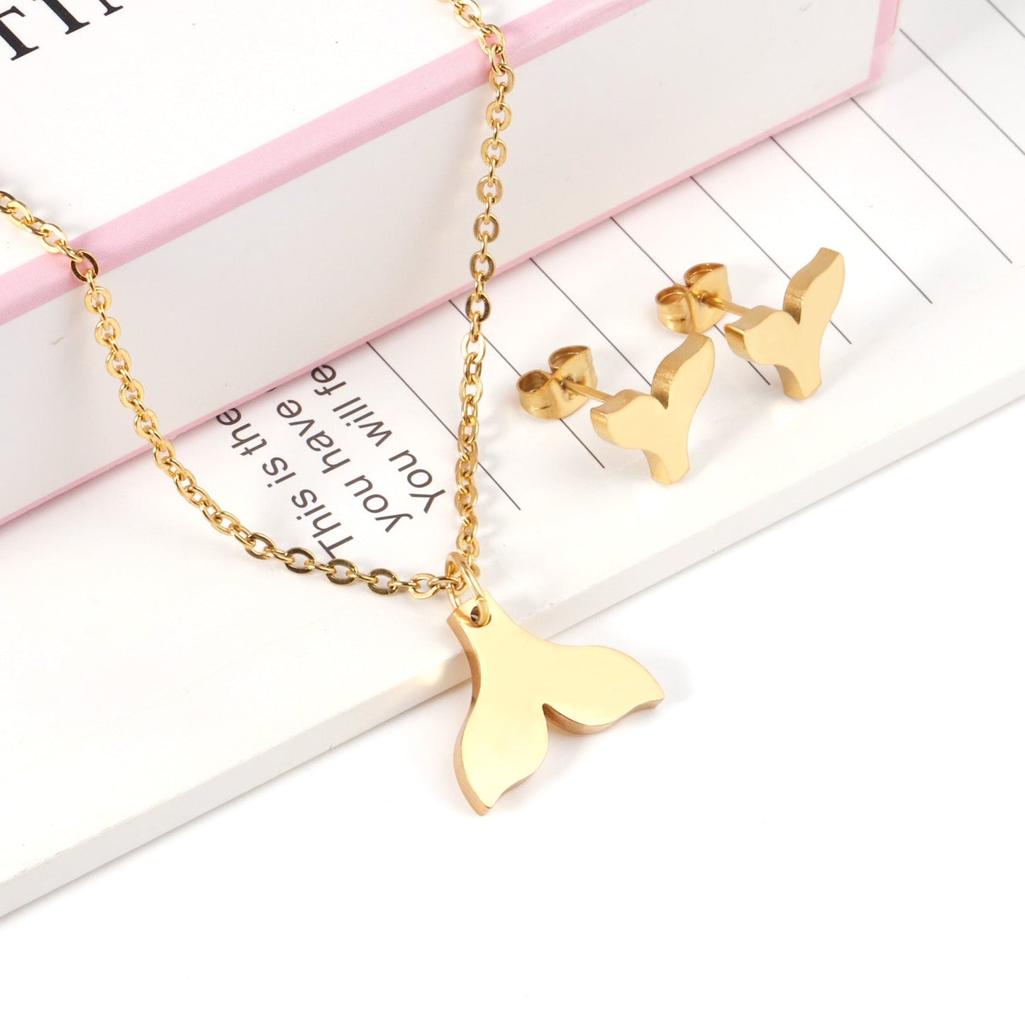 Steel/gold/black fishtail cut jewelry set without diamonds asonjewelry