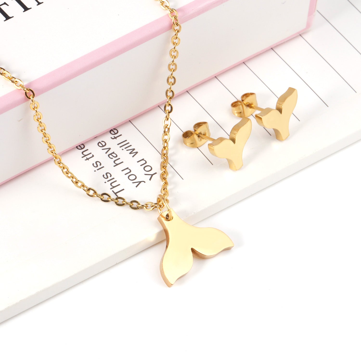 Steel/gold/black fishtail cut jewelry set without diamonds asonjewelry