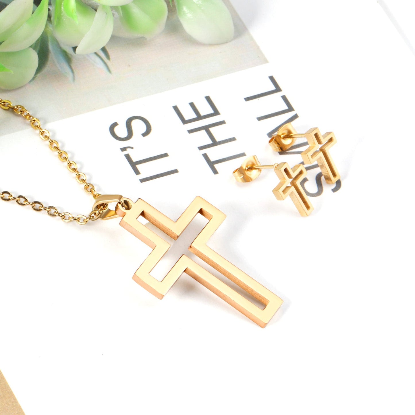 Steel/golden stranded cut crosses faceted set without diamonds asonjewelry