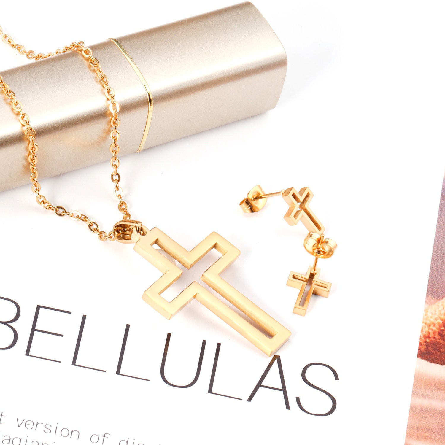 Steel/golden stranded cut crosses faceted set without diamonds asonjewelry