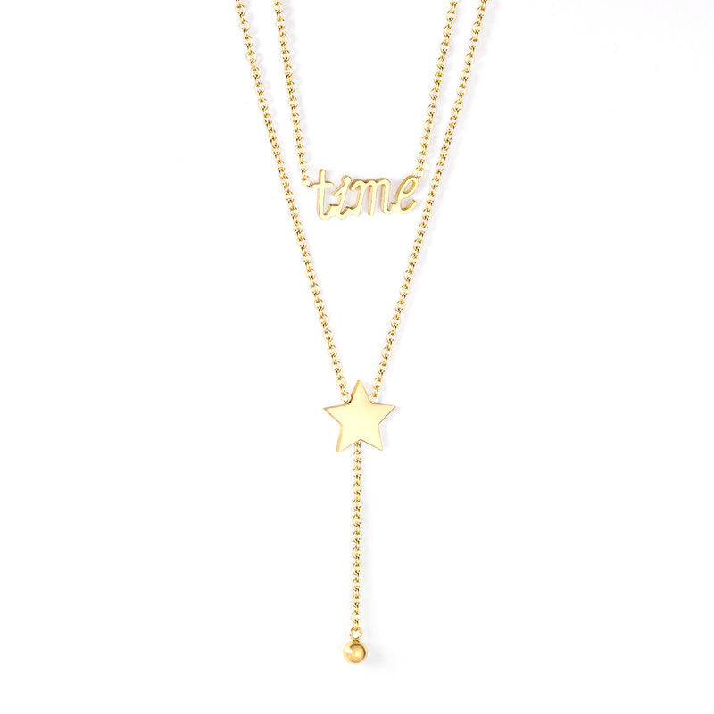 Gold color pentagram + letters pendant necklace 14K