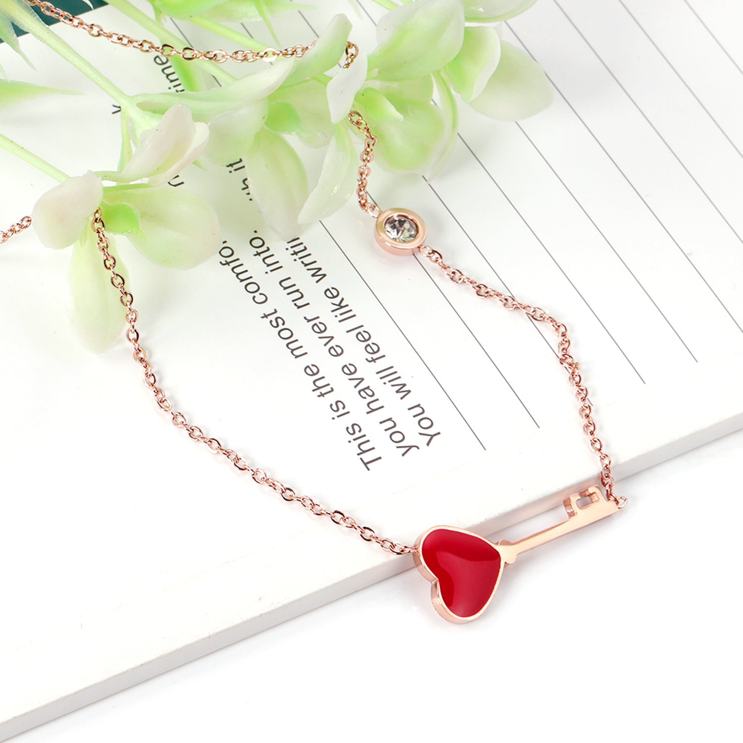 4K rose gold & gold color oil dripping red heart and key shape pendant necklace with diamonds asonjewelry