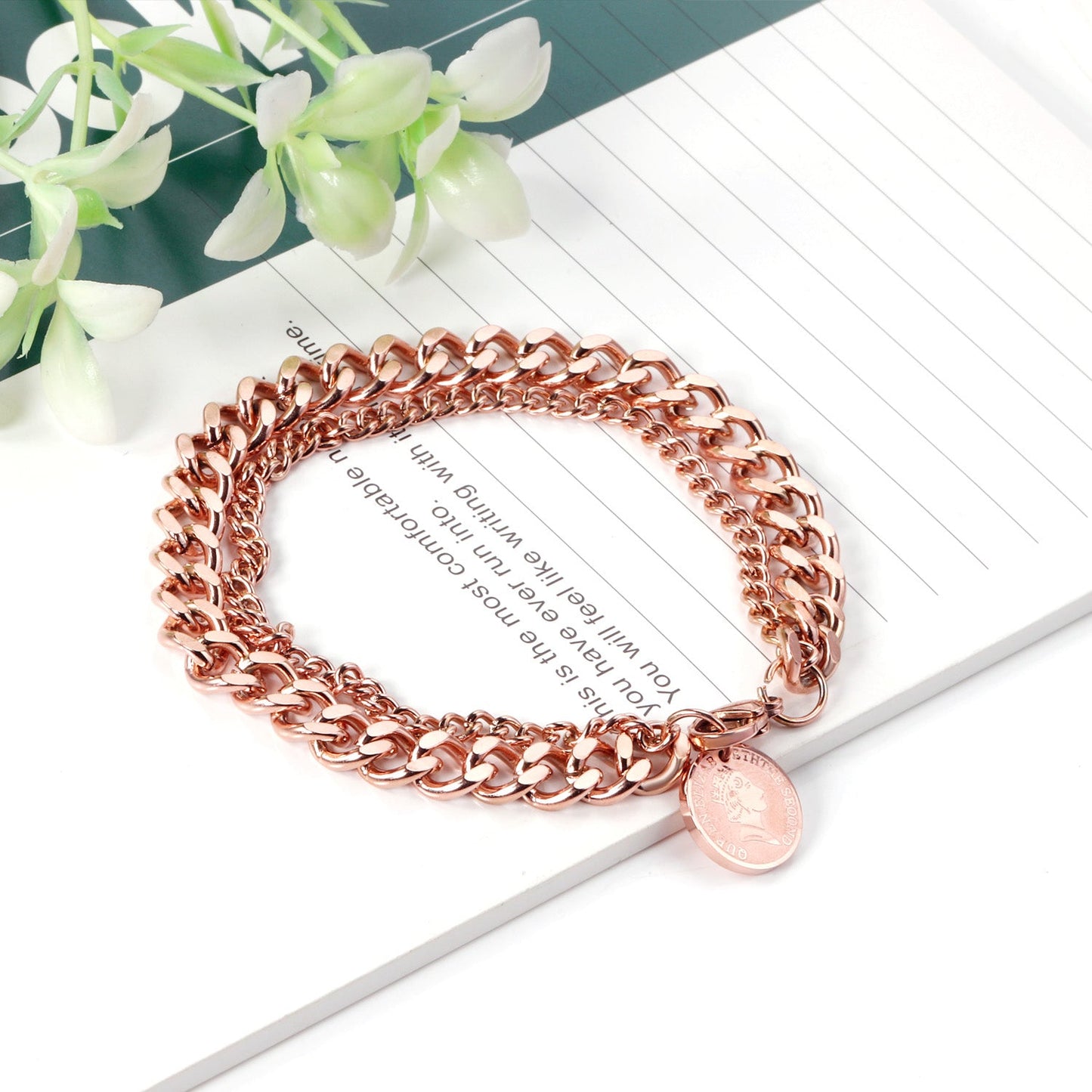 ASON Fashion 316L Stainless Steel Double Chain Bracelet with Coin Cuban Link Chain Bangles Unisex Wrist Jewelry asonjewelry