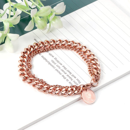 ASON Fashion 316L Stainless Steel Double Chain Bracelet with Coin Cuban Link Chain Bangles Unisex Wrist Jewelry asonjewelry