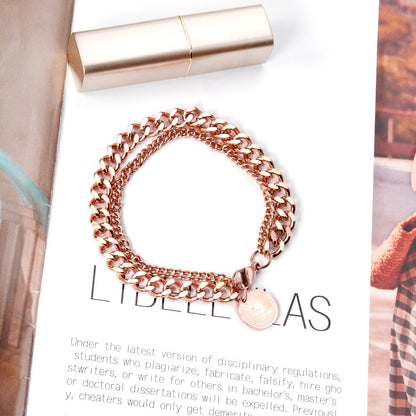 ASON Fashion 316L Stainless Steel Double Chain Bracelet with Coin Cuban Link Chain Bangles Unisex Wrist Jewelry asonjewelry