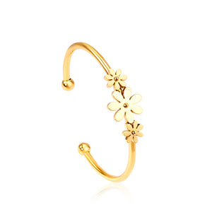 Gold colored hard bracelet with three small flowers of different sizes