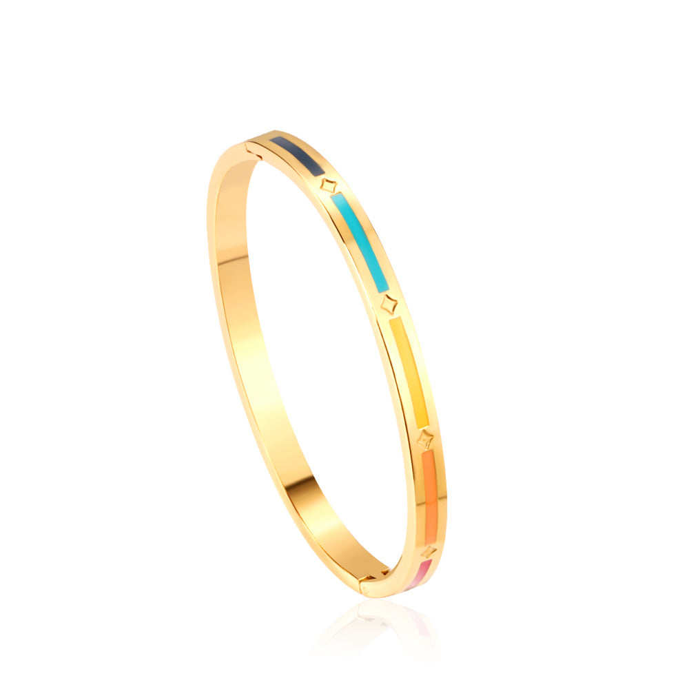 Hard bracelet with rectangles in different colors with oil drops on the surface asonjewelry