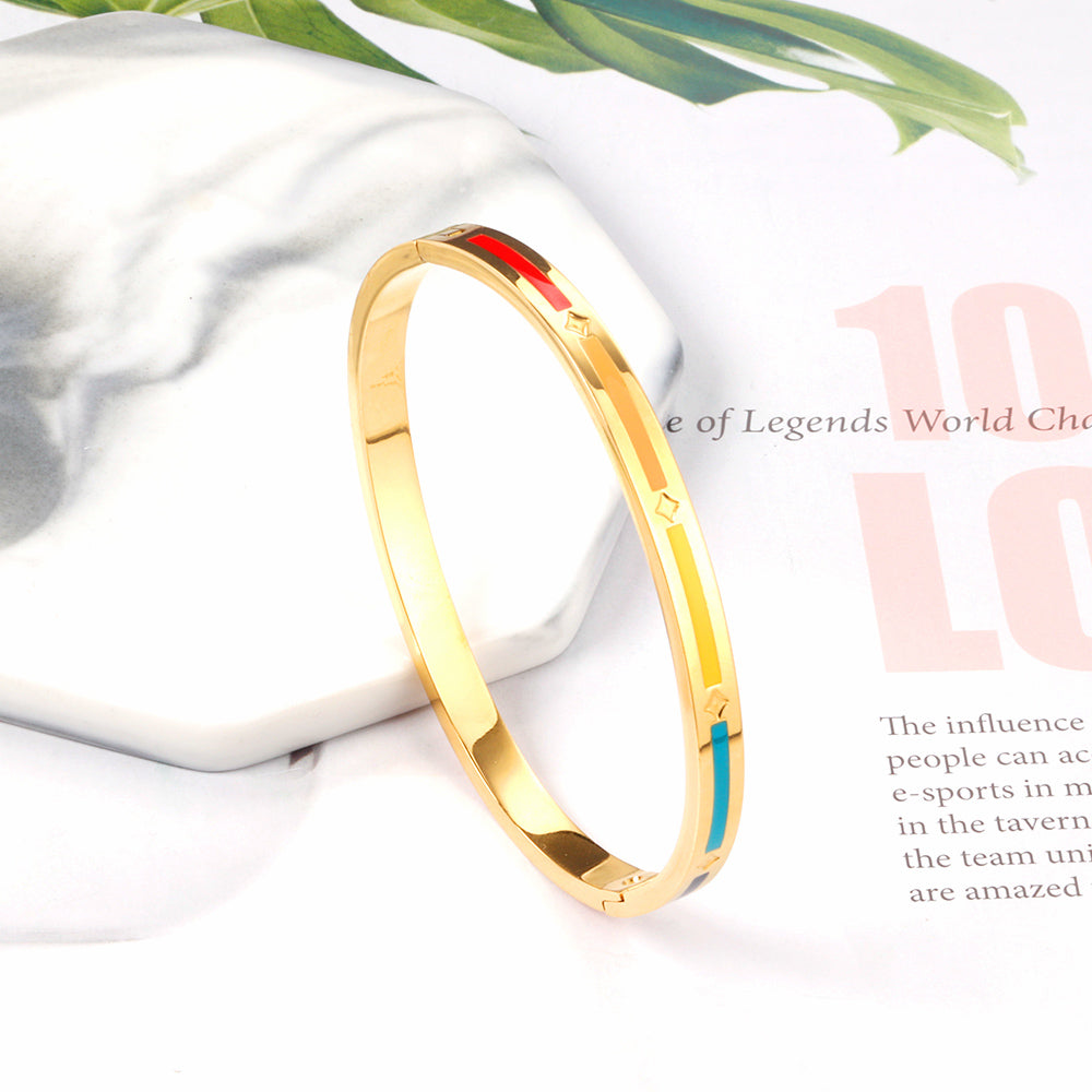 Hard bracelet with rectangles in different colors with oil drops on the surface asonjewelry