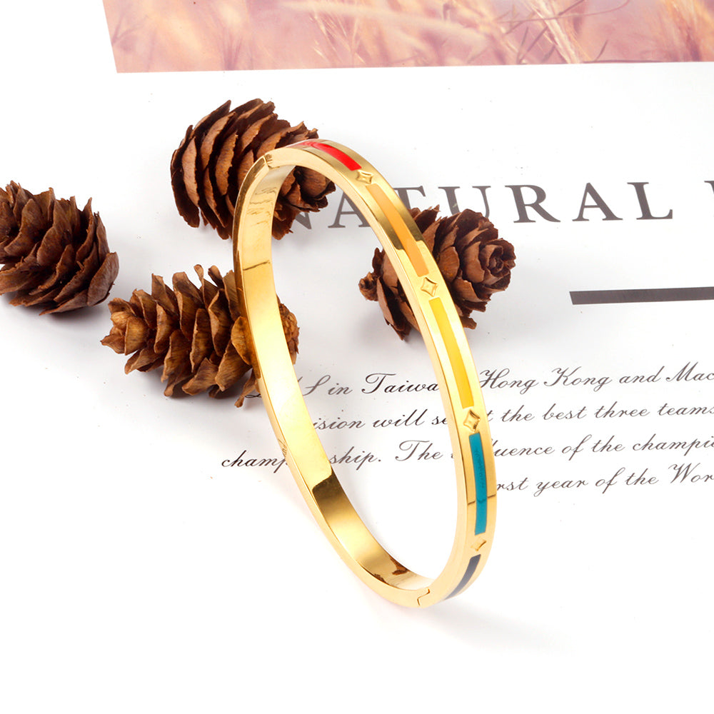 Hard bracelet with rectangles in different colors with oil drops on the surface asonjewelry