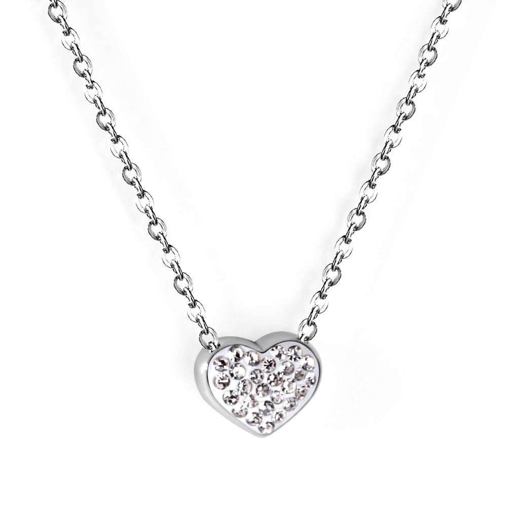 Heart pendant necklace with white diamonds 40+5cm steel color asonjewelry