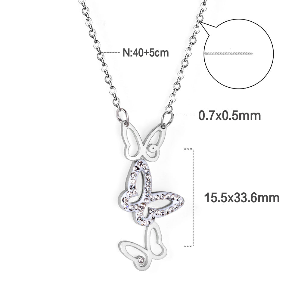 3 Butterfly Pendant Necklace with White Diamonds 40 5cm Steel Color
