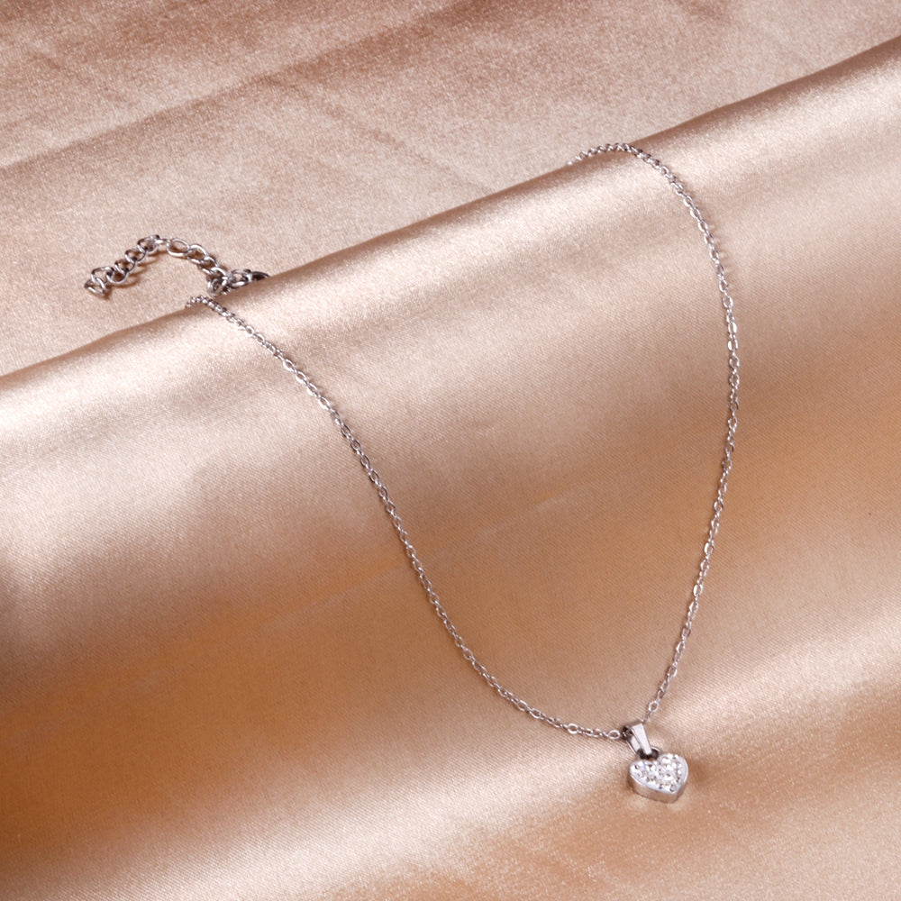 Heart pendant necklace with white diamonds 35+5cm steel color asonjewelry