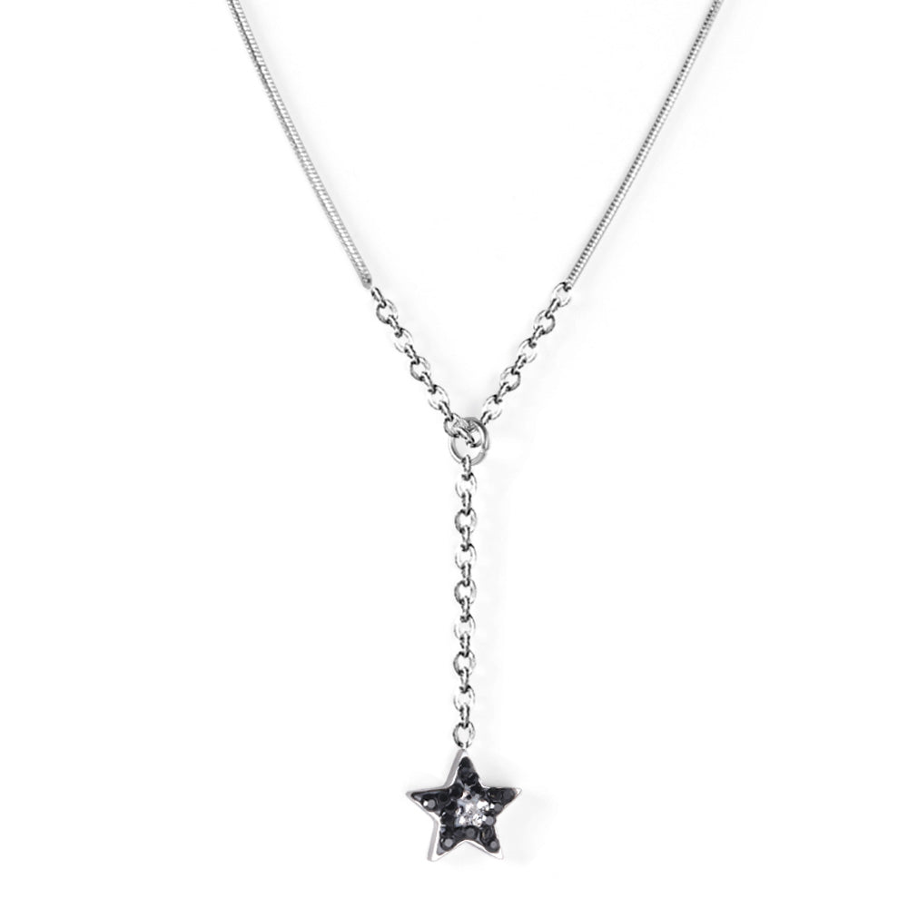 Star Pendant Necklace with Black Diamonds + White Diamonds 40+5cm Steel Color asonjewelry