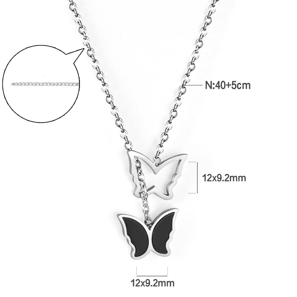 Double Butterfly Pendant Necklace with Black Oil Drops 40+5cm Steel Color asonjewelry