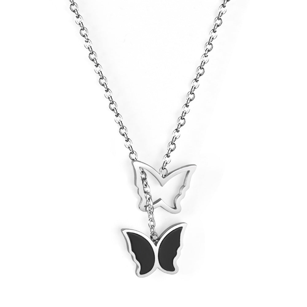 Double Butterfly Pendant Necklace with Black Oil Drops 40+5cm Steel Color asonjewelry
