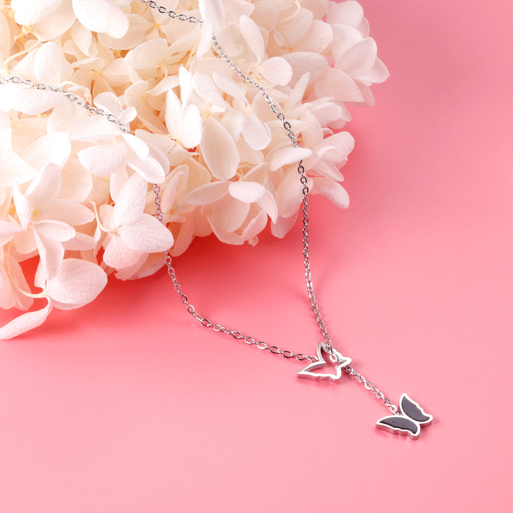 Double Butterfly Pendant Necklace with Black Oil Drops 40+5cm Steel Color asonjewelry