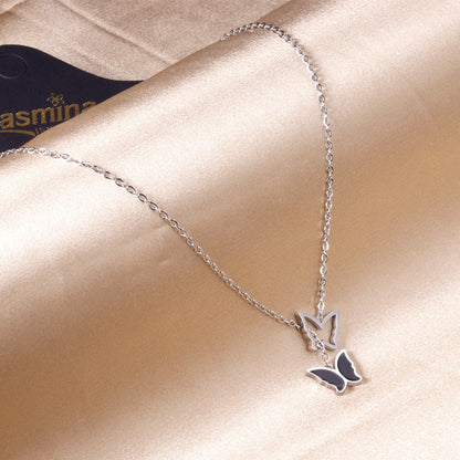 Double Butterfly Pendant Necklace with Black Oil Drops 40+5cm Steel Color asonjewelry