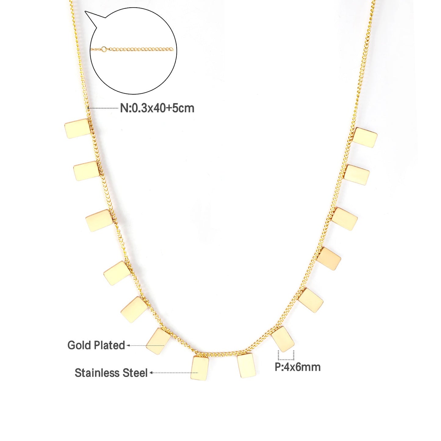 0.3 Side Chain 40+5cm Welded 14pcs 4*6 Rectangle Necklace Gold & Steel Color Glossy asonjewelry