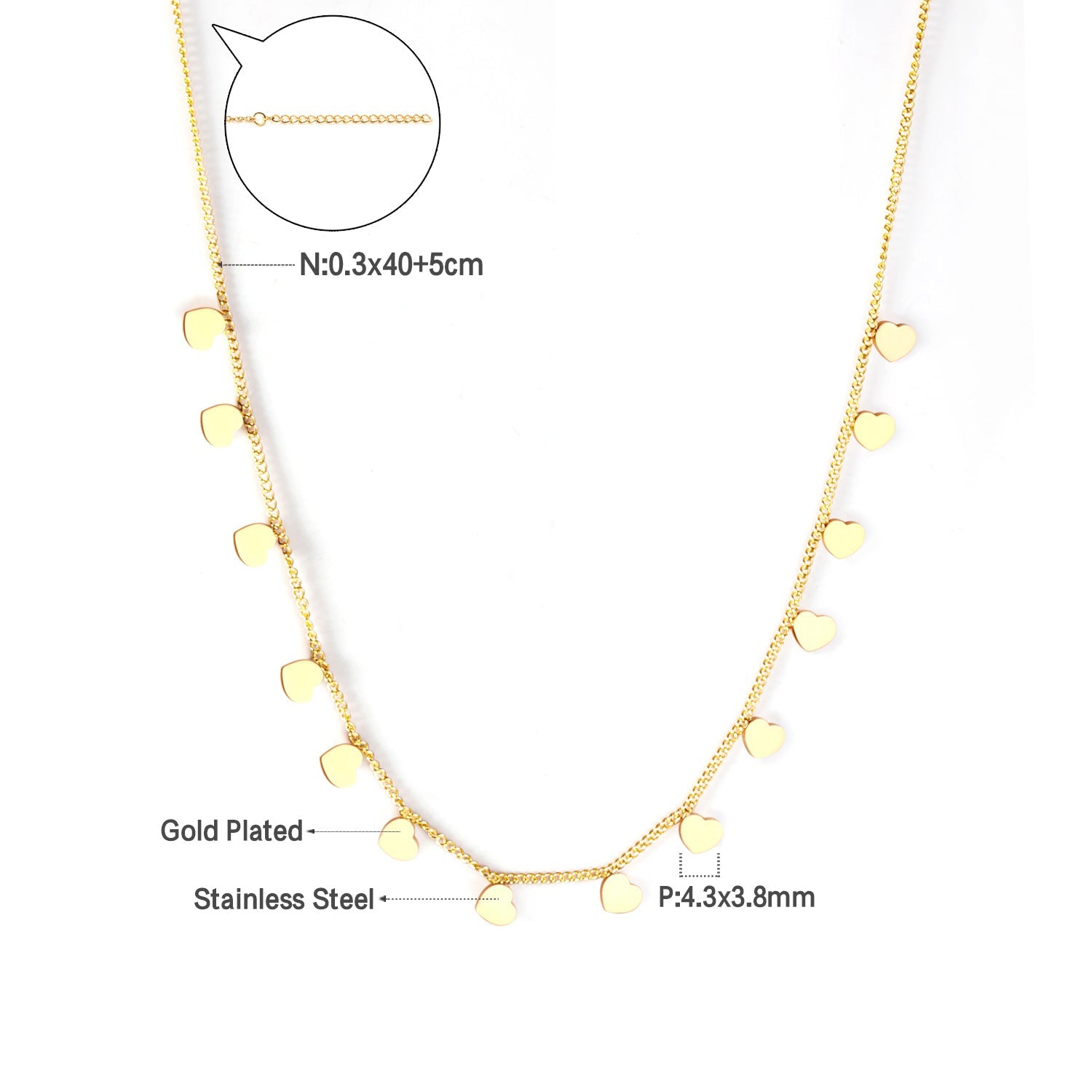 0.3 Side chain 40+5cm soldered 14pcs 4mm peach heart necklace gold & steel color glossy asonjewelry
