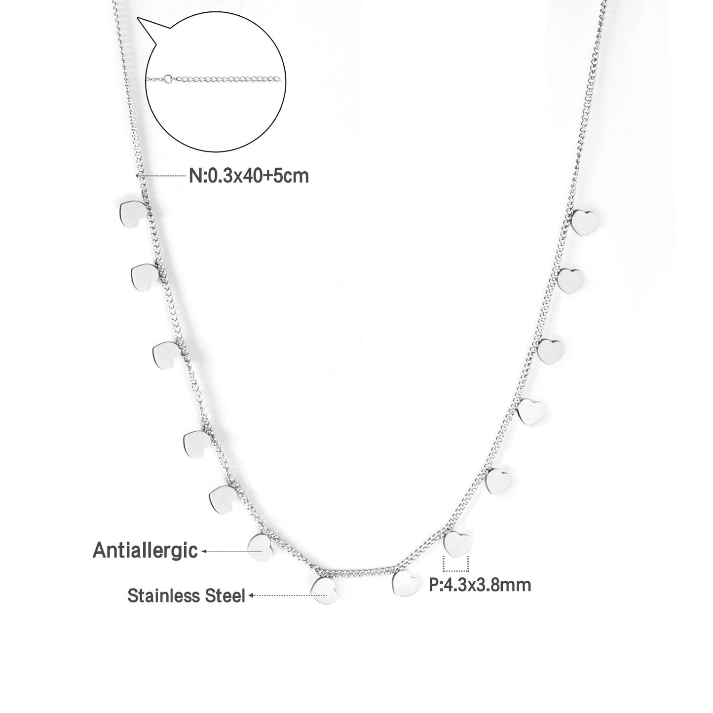 0.3 Side chain 40+5cm soldered 14pcs 4mm peach heart necklace gold & steel color glossy asonjewelry