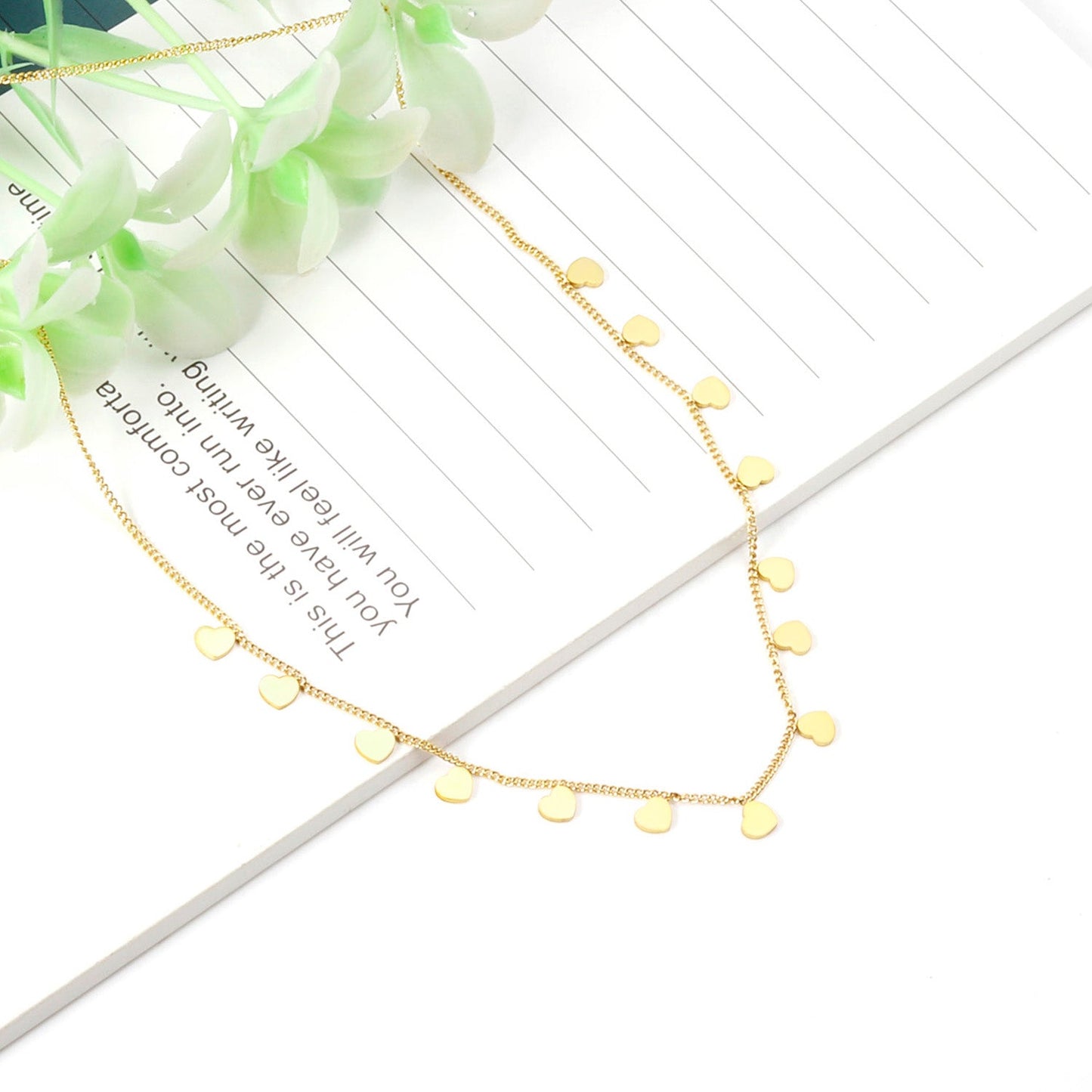 0.3 Side chain 40+5cm soldered 14pcs 4mm peach heart necklace gold & steel color glossy asonjewelry