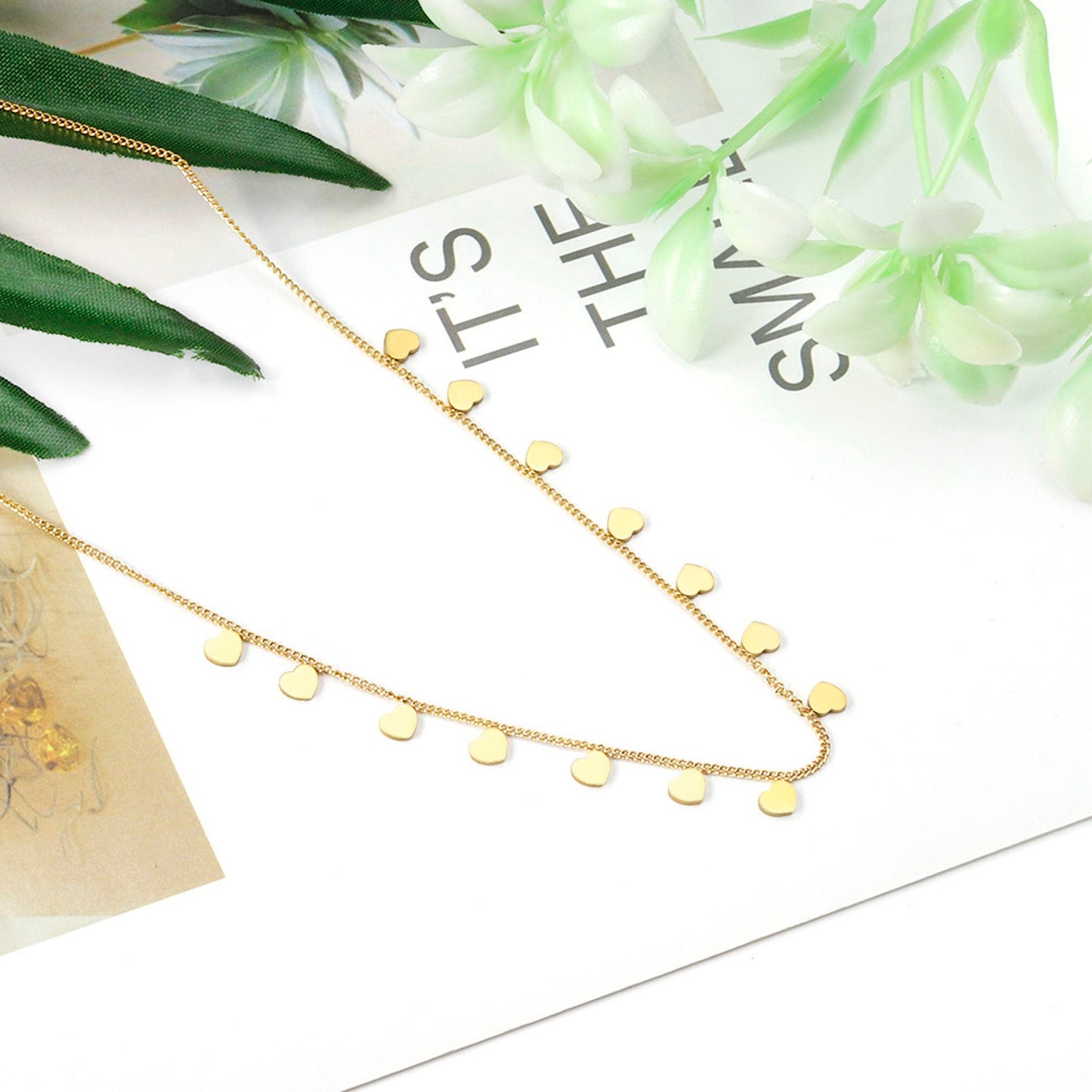 0.3 Side chain 40+5cm soldered 14pcs 4mm peach heart necklace gold & steel color glossy asonjewelry