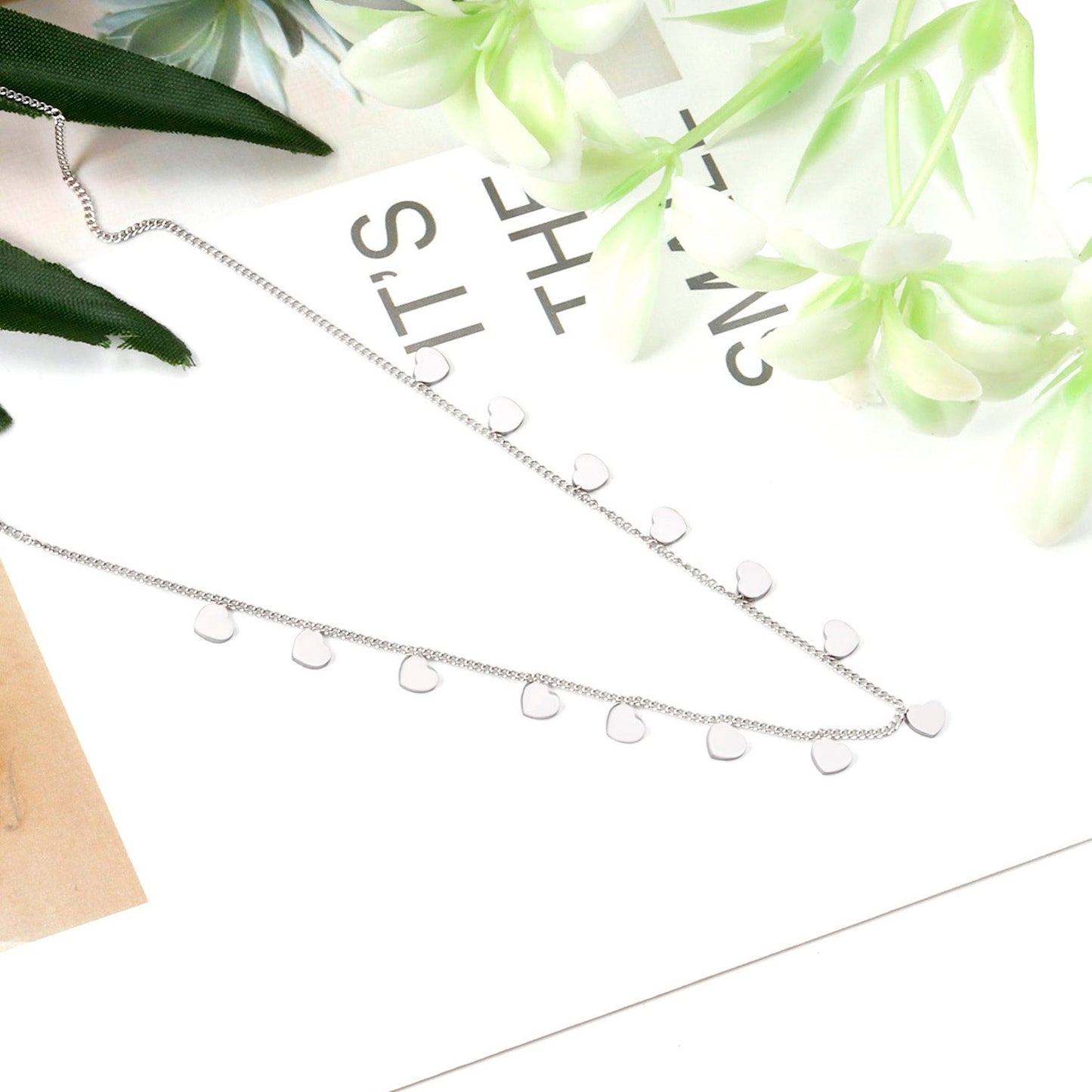 0.3 Side chain 40+5cm soldered 14pcs 4mm peach heart necklace gold & steel color glossy asonjewelry