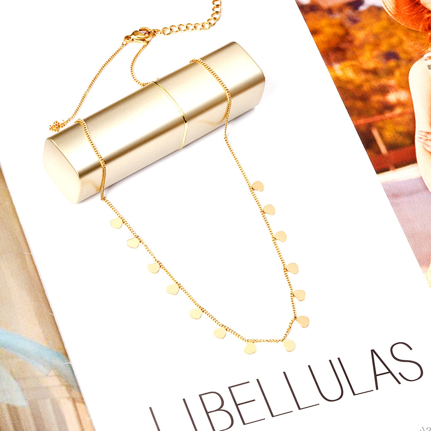 0.3 Side chain 40+5cm soldered 14pcs 4mm peach heart necklace gold & steel color glossy asonjewelry