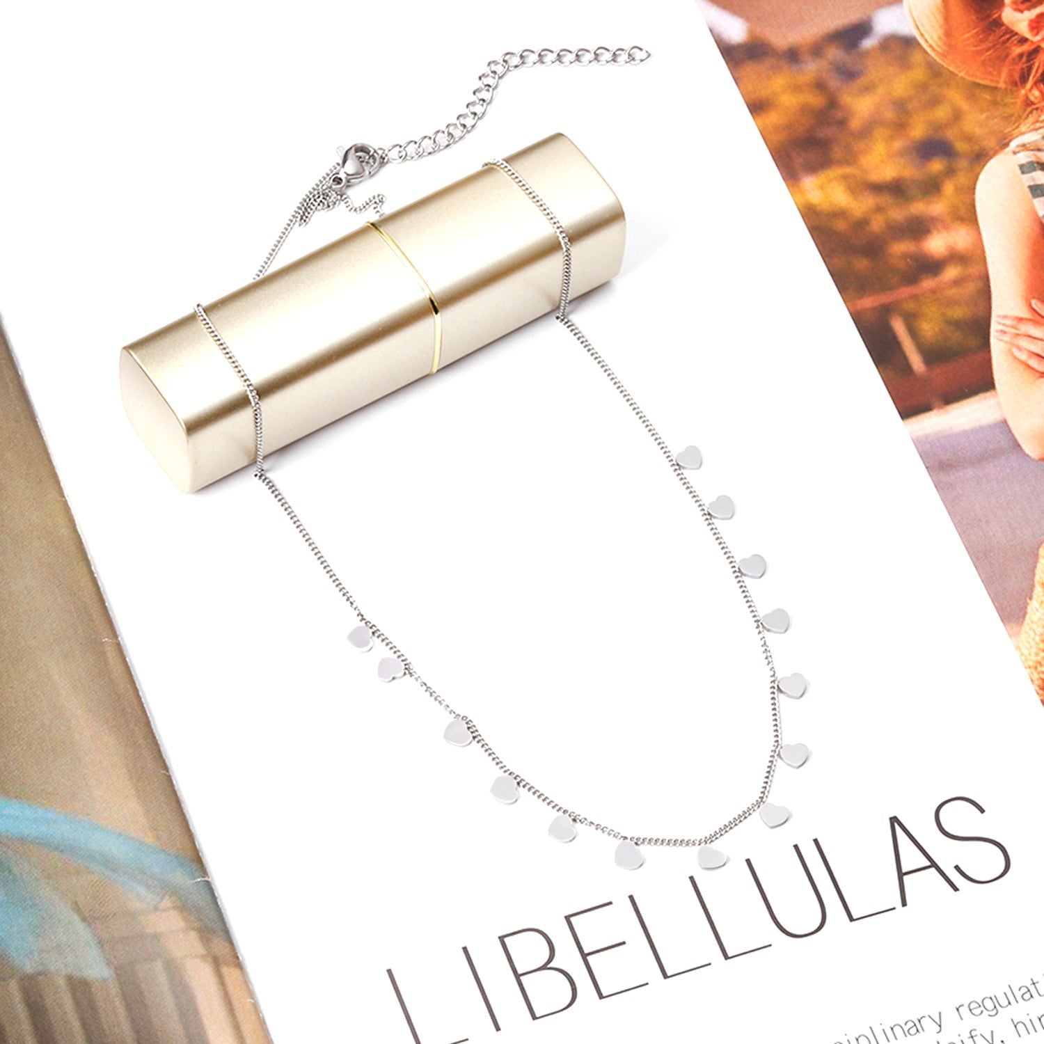 0.3 Side chain 40+5cm soldered 14pcs 4mm peach heart necklace gold & steel color glossy asonjewelry