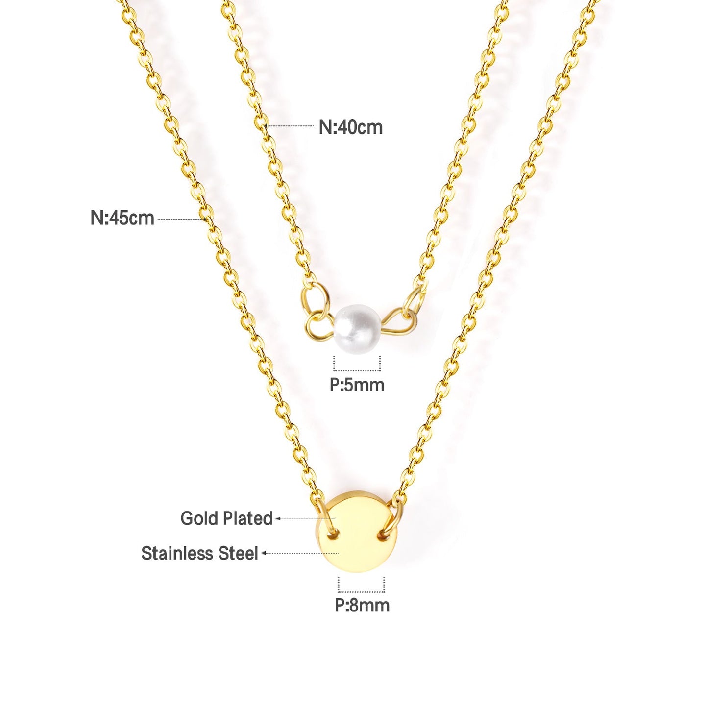 Double Necklace Round 10mm+6mm White Plastic Round Pearls Gold Color asonjewelry