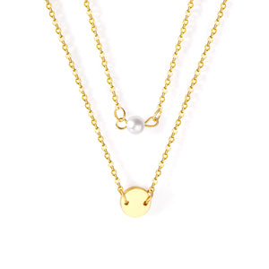 Double Necklace Round 10mm+6mm White Plastic Round Pearls Gold Color